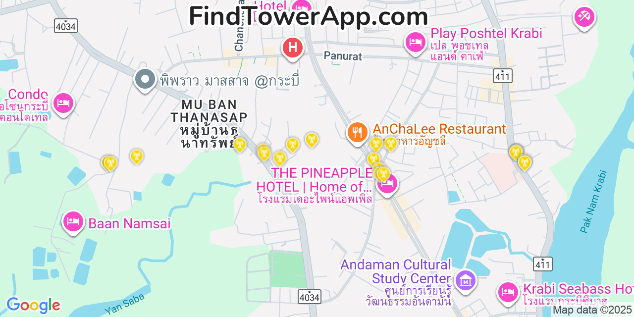 Map showing the 20 primary cell tower locations detected in Krabi, Thailand with coverage areas and signal strength