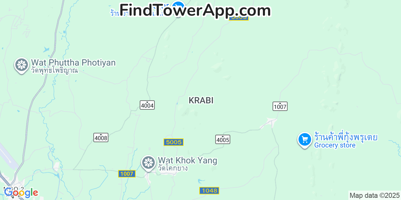 Map showing the 0 primary TOT-Public-Company cell tower locations detected in Krabi, Thailand with coverage radius and signal strength indicators