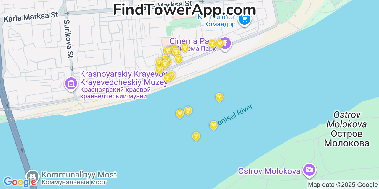 Map showing the 20 primary cell tower locations detected in Krasnoyarsk, Russia with coverage areas and signal strength