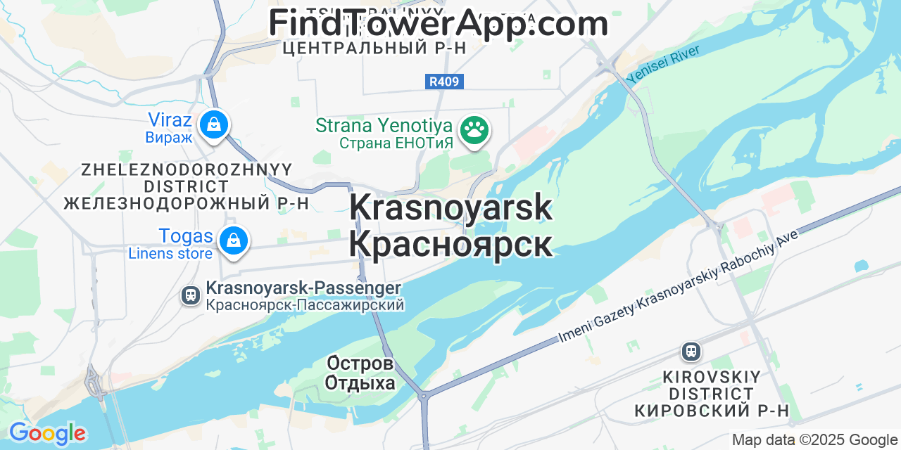 Map showing the 0 primary SberMobile cell tower locations detected in Krasnoyarsk, Russia with coverage radius and signal strength indicators