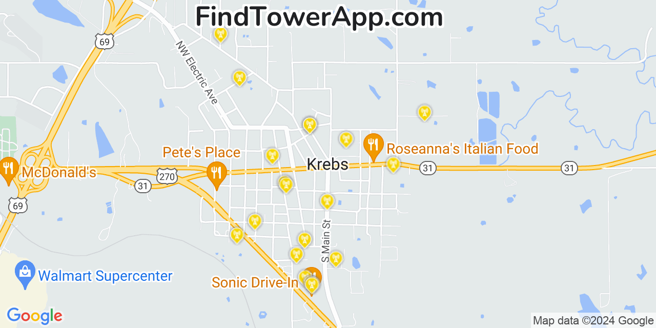 AT&T 4G/5G cell tower coverage map Krebs, Oklahoma