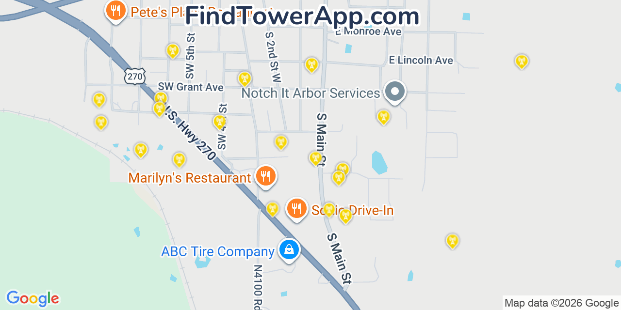 Map showing the 20 primary cell tower locations detected in Krebs, Oklahoma from AT&T, Verizon, and T-Mobile networks