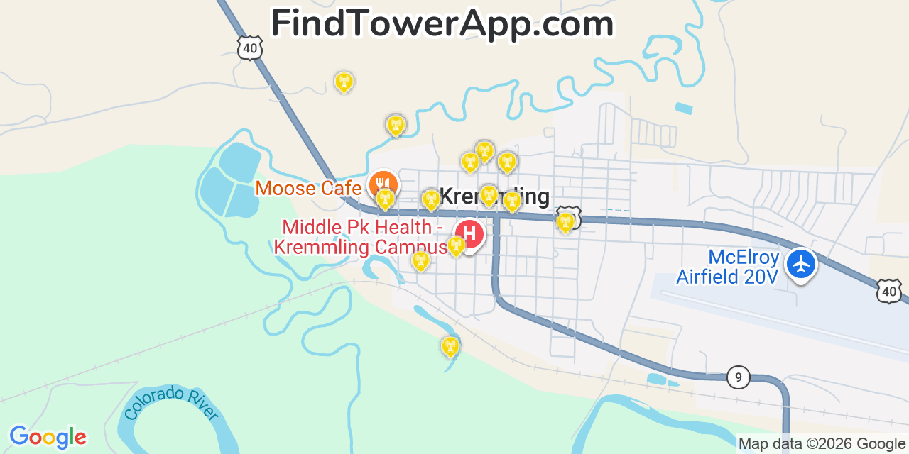 Map showing the 20 primary cell tower locations detected in Kremmling, Colorado from AT&T, Verizon, and T-Mobile networks