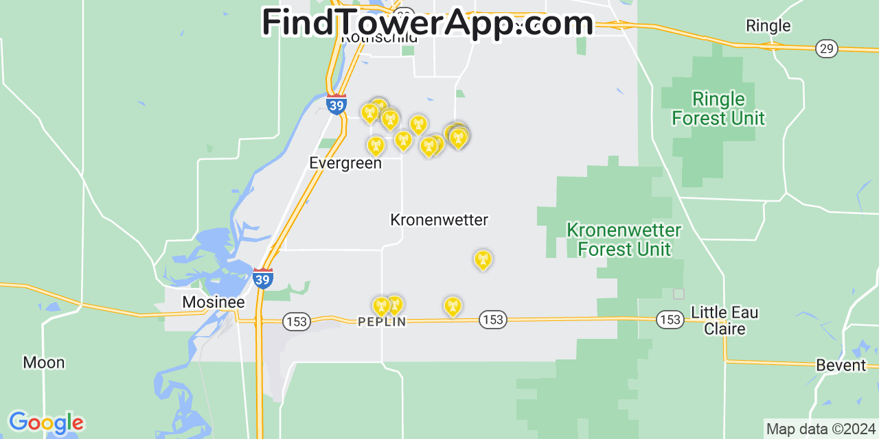 AT&T 4G/5G cell tower coverage map Kronenwetter, Wisconsin