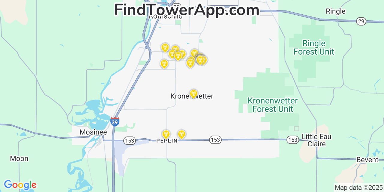 Map showing the 20 primary cell tower locations detected in Kronenwetter, Wisconsin from AT&T, Verizon, and T-Mobile networks