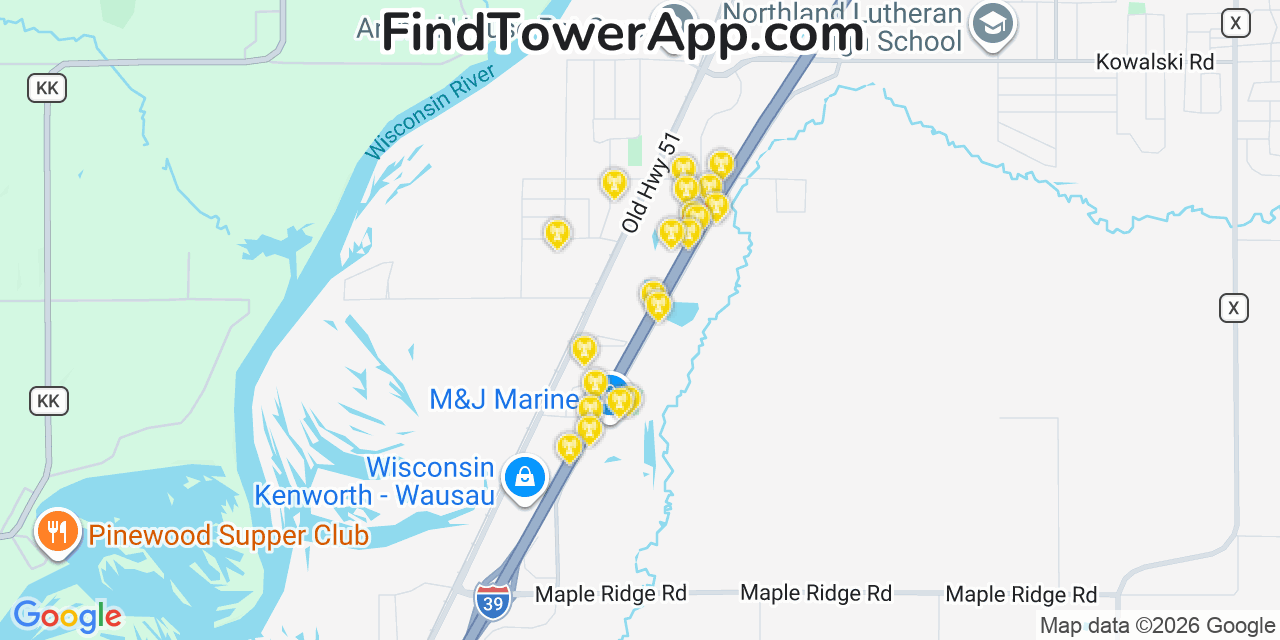 Map showing the 20 primary cell tower locations detected in Kronenwetter, Wisconsin from AT&T, Verizon, and T-Mobile networks