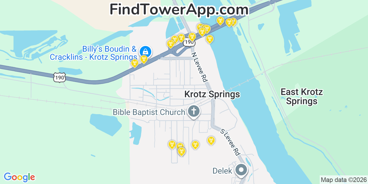 Map showing the 20 primary cell tower locations detected in Krotz Springs, Louisiana from AT&T, Verizon, and T-Mobile networks