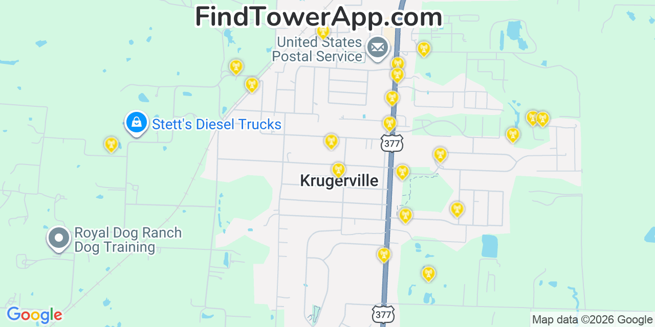 Map showing the 20 primary cell tower locations detected in Krugerville, Texas from AT&T, Verizon, and T-Mobile networks