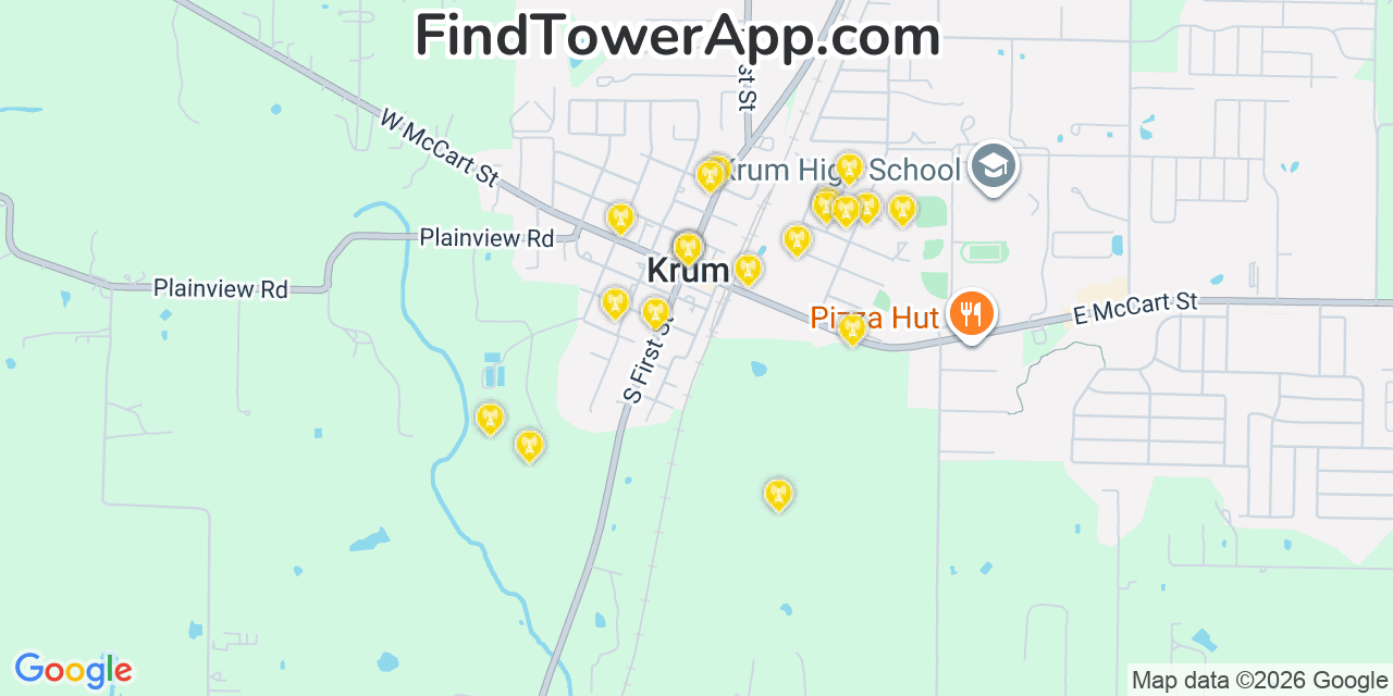 Map showing the 20 primary cell tower locations detected in Krum, Texas from AT&T, Verizon, and T-Mobile networks