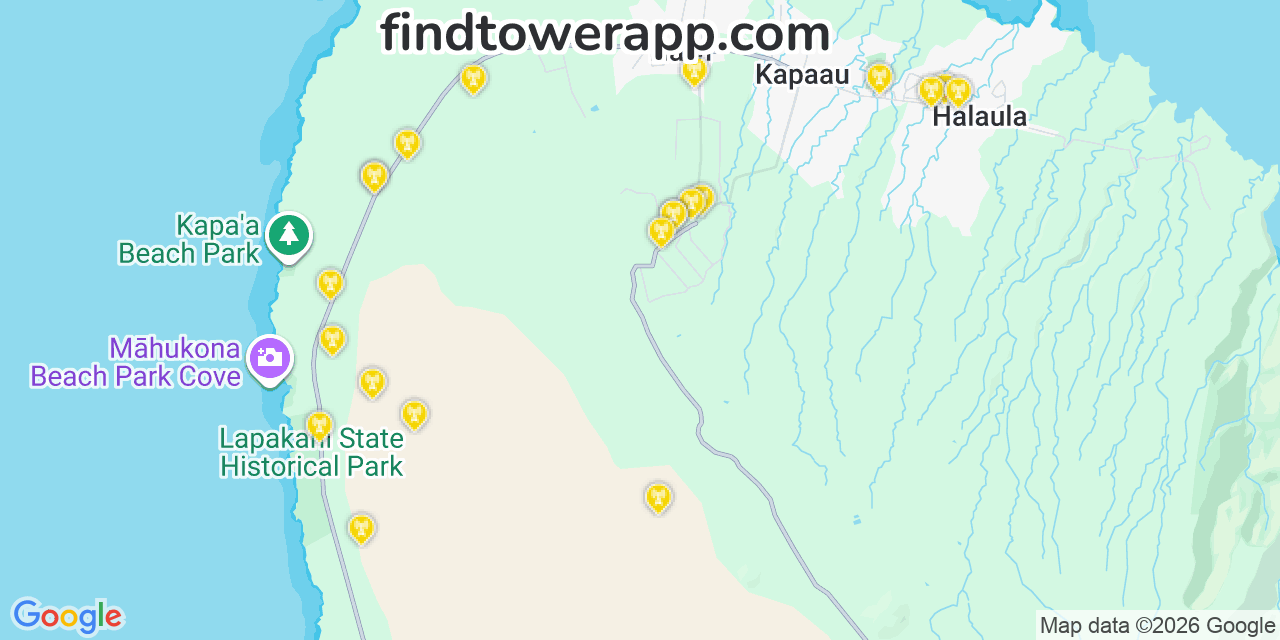 Map showing the 21 primary AT&T cell tower locations detected in Kualapu%C3%Af%C2%Bf%C2%Bdu, Hawaii with coverage radius and signal strength indicators