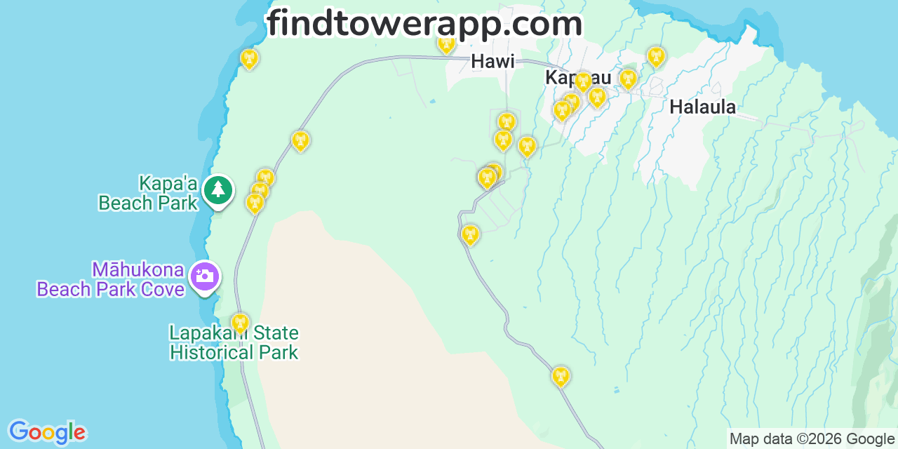 Map showing the 21 primary T-Mobile cell tower locations detected in Kualapu%C3%Af%C2%Bf%C2%Bdu, Hawaii with coverage radius and signal strength indicators