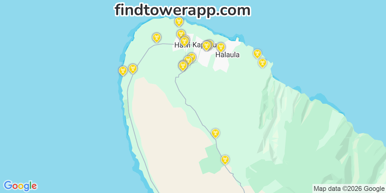Map showing the 34 primary Verizon cell tower locations detected in Kualapu%C3%Af%C2%Bf%C2%Bdu, Hawaii with coverage radius and signal strength indicators