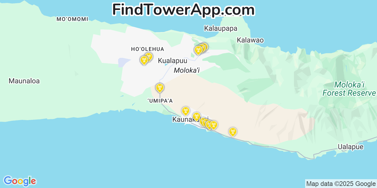Map showing the 20 primary AT&T cell tower locations detected in Kualapu‘u, Hawaii with coverage radius and signal strength indicators