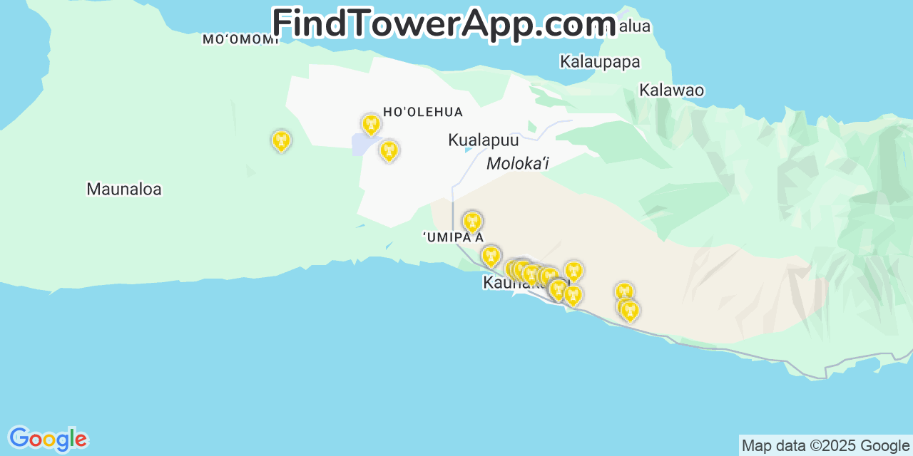 Map showing the 24 primary T-Mobile cell tower locations detected in Kualapu‘u, Hawaii with coverage radius and signal strength indicators