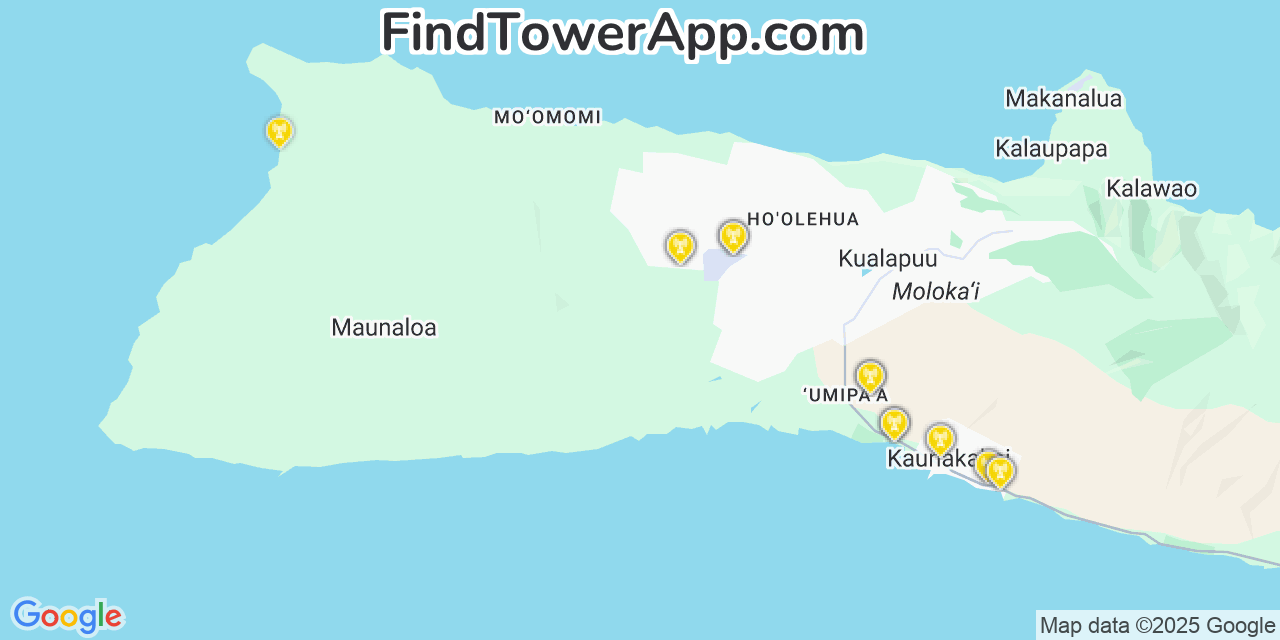Map showing the 25 primary Verizon cell tower locations detected in Kualapu‘u, Hawaii with coverage radius and signal strength indicators