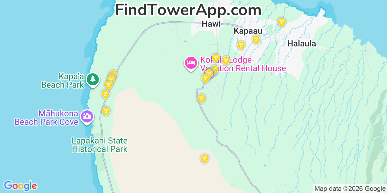 Map showing the 20 primary cell tower locations detected in Kualapuï¿½U, Hawaii from AT&T, Verizon, and T-Mobile networks