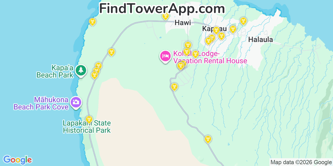 Map showing the 21 primary T-Mobile cell tower locations detected in Kualapuï¿½U, Hawaii with coverage radius and signal strength indicators