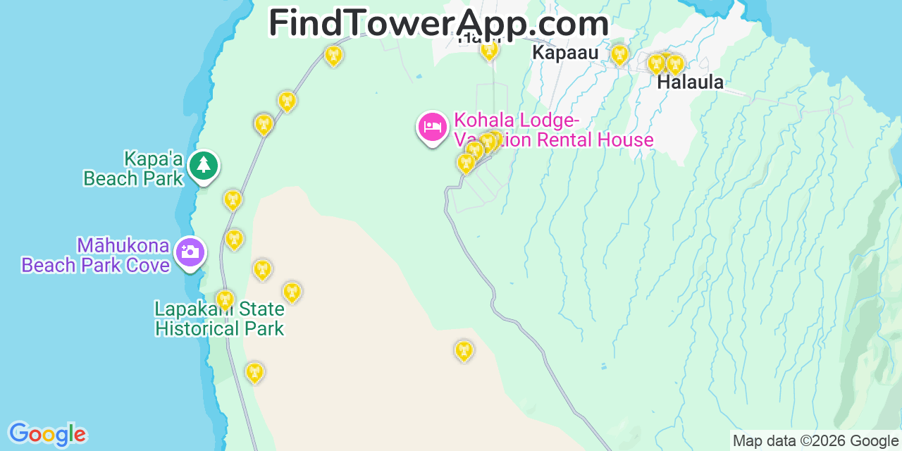 Map showing the 21 primary AT&T cell tower locations detected in Kualapuï¿½U, Hawaii with coverage radius and signal strength indicators