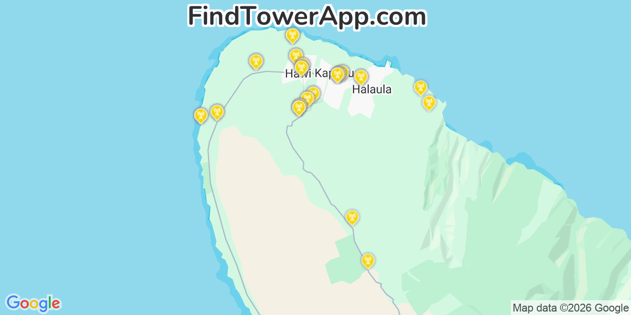 Map showing the 34 primary Verizon cell tower locations detected in Kualapuï¿½U, Hawaii with coverage radius and signal strength indicators