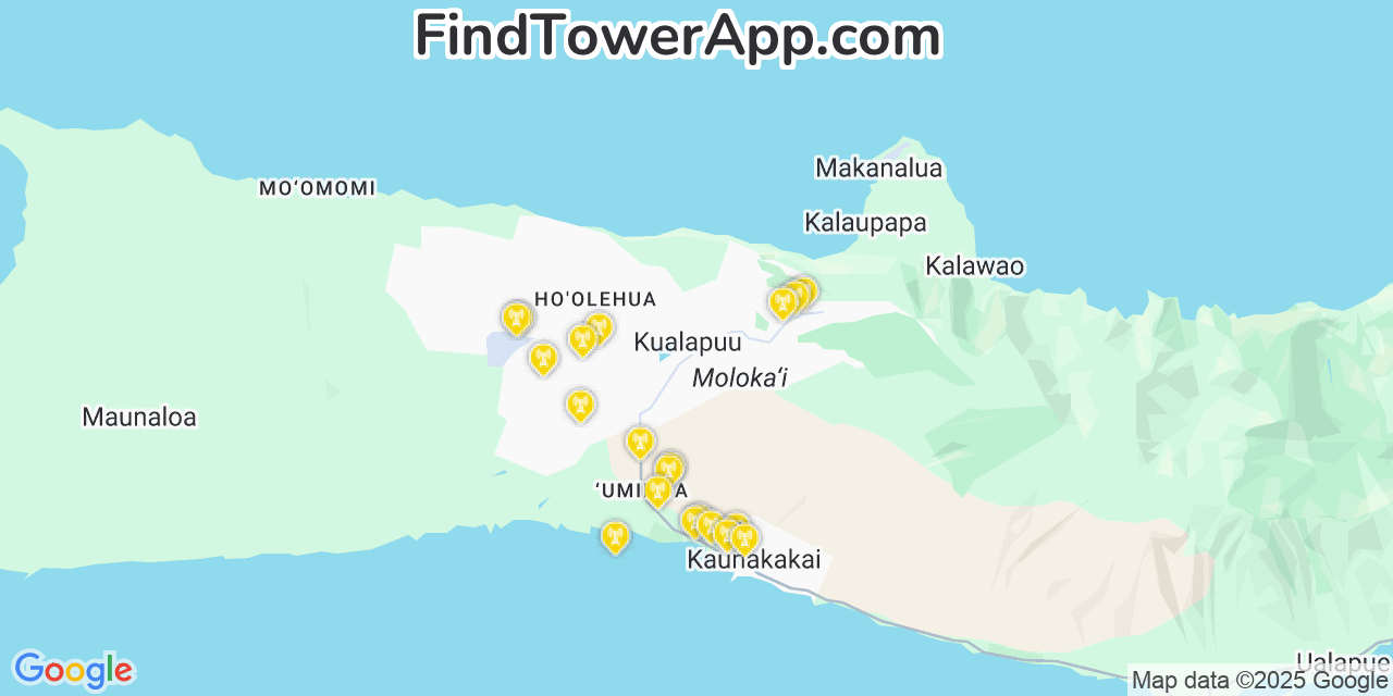 Map showing the 20 primary cell tower locations detected in Kualapuu, Hawaii from AT&T, Verizon, and T-Mobile networks