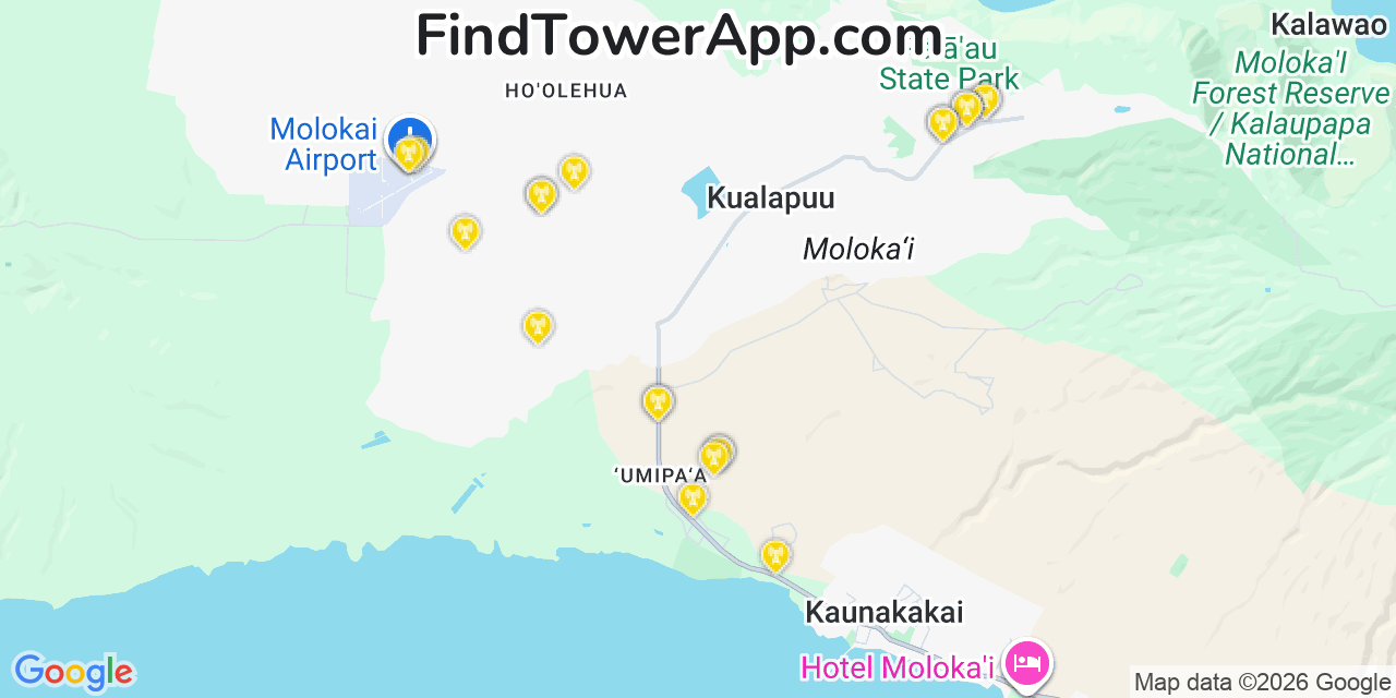 Map showing the 20 primary cell tower locations detected in Kualapuu, Hawaii from AT&T, Verizon, and T-Mobile networks