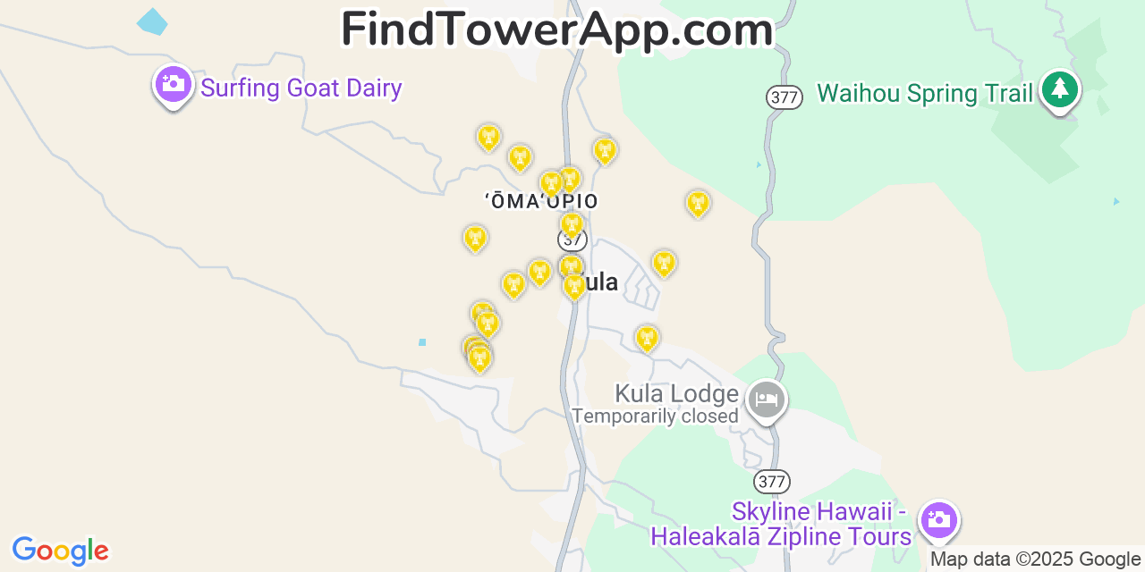 Map showing the 20 primary cell tower locations detected in Kula, Hawaii from AT&T, Verizon, and T-Mobile networks