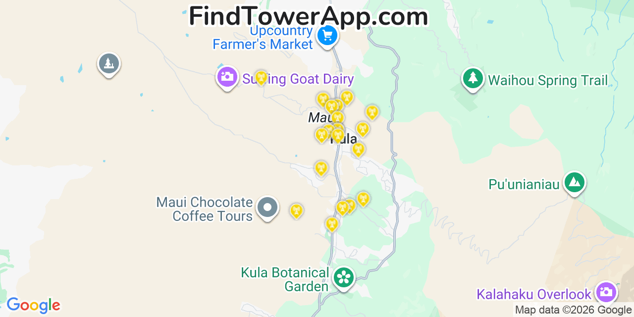 Map showing the 20 primary cell tower locations detected in Kula, Hawaii from AT&T, Verizon, and T-Mobile networks