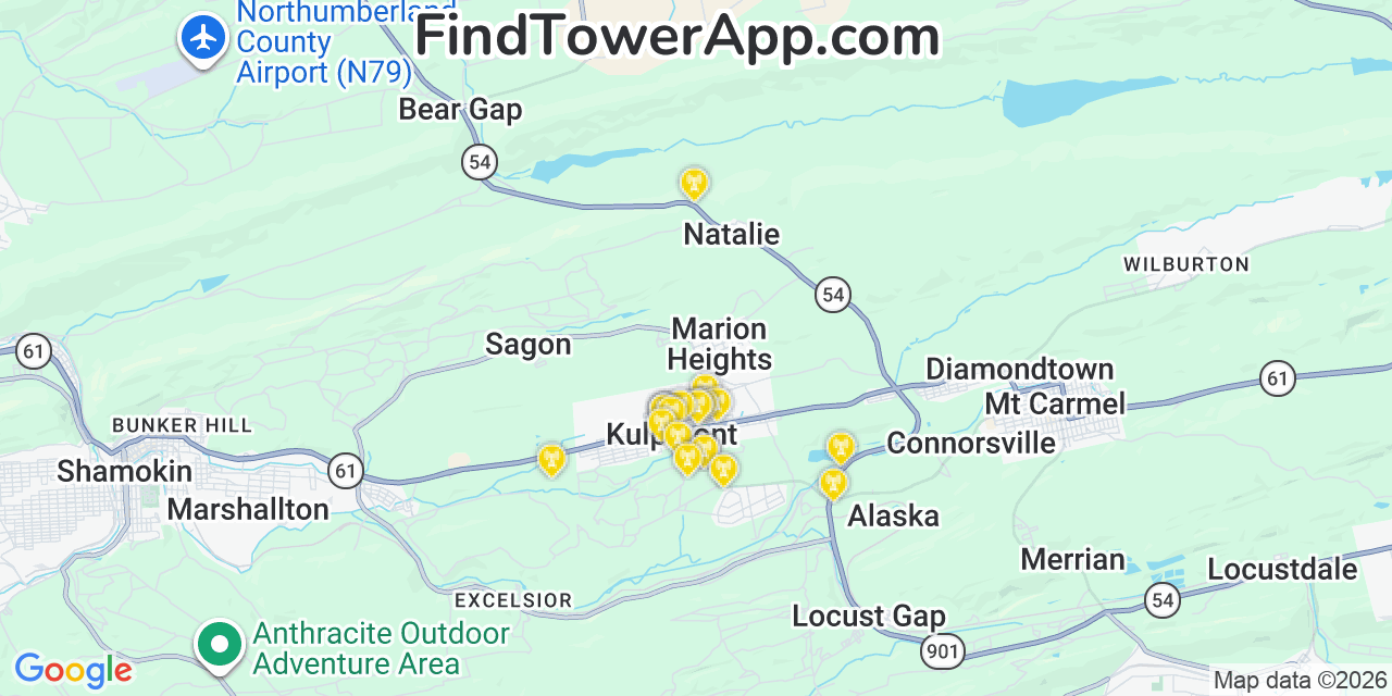 Map showing the 20 primary cell tower locations detected in Kulpmont, Pennsylvania from AT&T, Verizon, and T-Mobile networks
