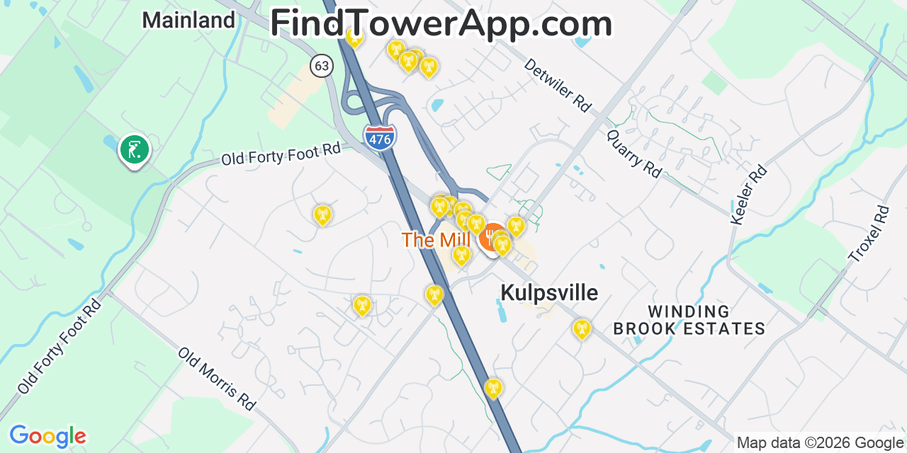 Map showing the 20 primary cell tower locations detected in Kulpsville, Pennsylvania from AT&T, Verizon, and T-Mobile networks