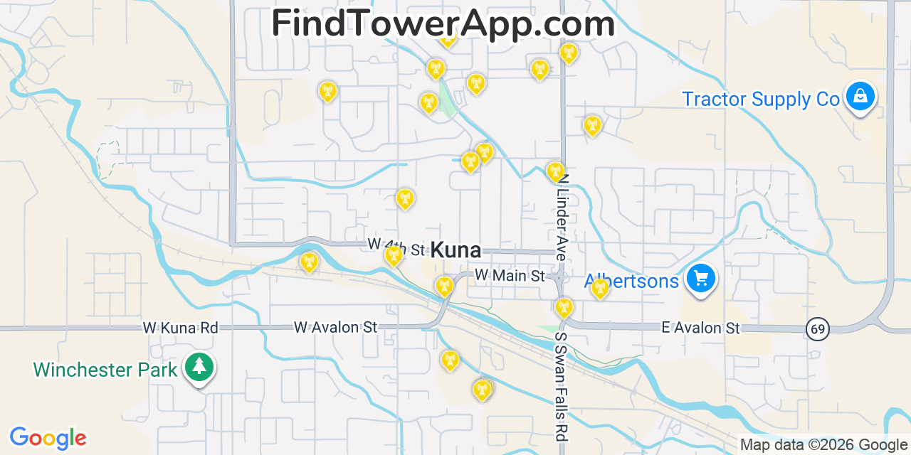 Map showing the 20 primary cell tower locations detected in Kuna, Idaho from AT&T, Verizon, and T-Mobile networks