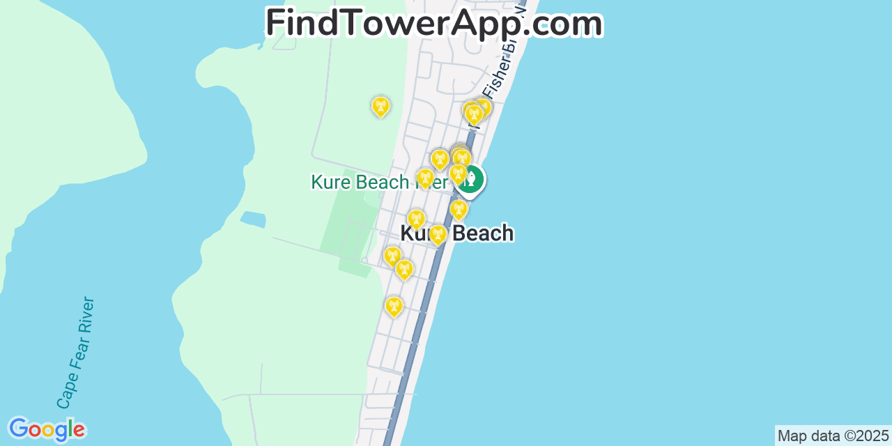 Map showing the 20 primary cell tower locations detected in Kure Beach, North Carolina from AT&T, Verizon, and T-Mobile networks