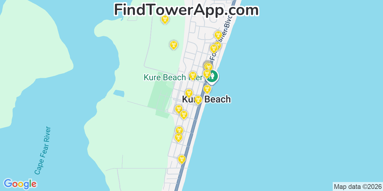 Map showing the 20 primary cell tower locations detected in Kure Beach, North Carolina from AT&T, Verizon, and T-Mobile networks