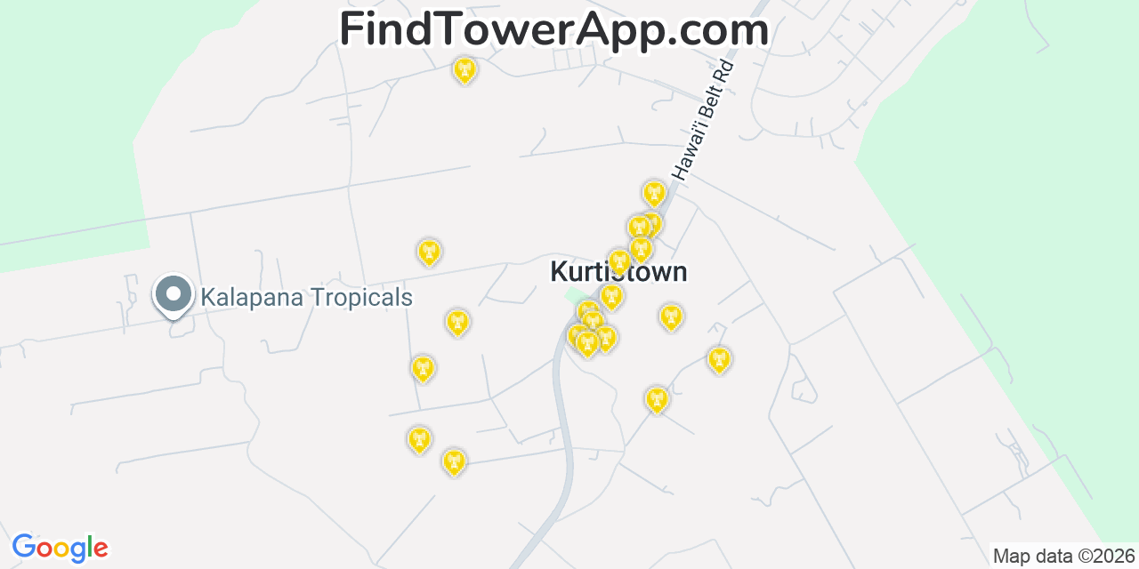 Map showing the 20 primary cell tower locations detected in Kurtistown, Hawaii from AT&T, Verizon, and T-Mobile networks