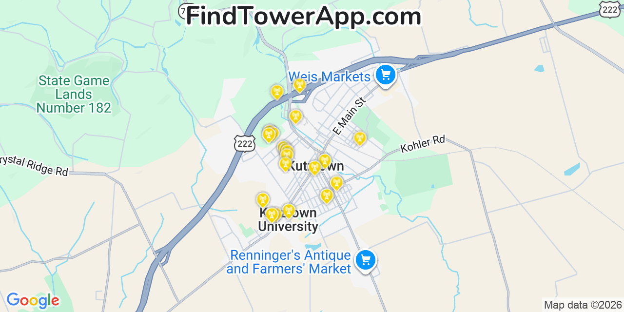 Map showing the 20 primary cell tower locations detected in Kutztown, Pennsylvania from AT&T, Verizon, and T-Mobile networks