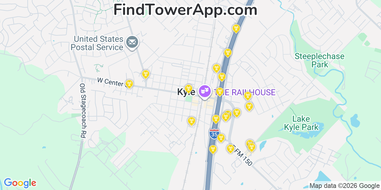 Map showing the 20 primary cell tower locations detected in Kyle, Texas from AT&T, Verizon, and T-Mobile networks