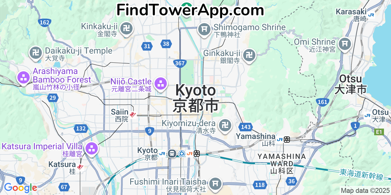 Map showing the 20 primary Docomo cell tower locations in Kyoto, Japan