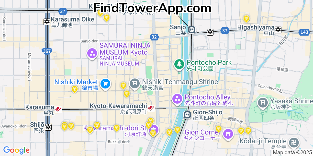 Map showing the 20 primary cell tower locations detected in Kyoto, Japan with coverage areas and signal strength