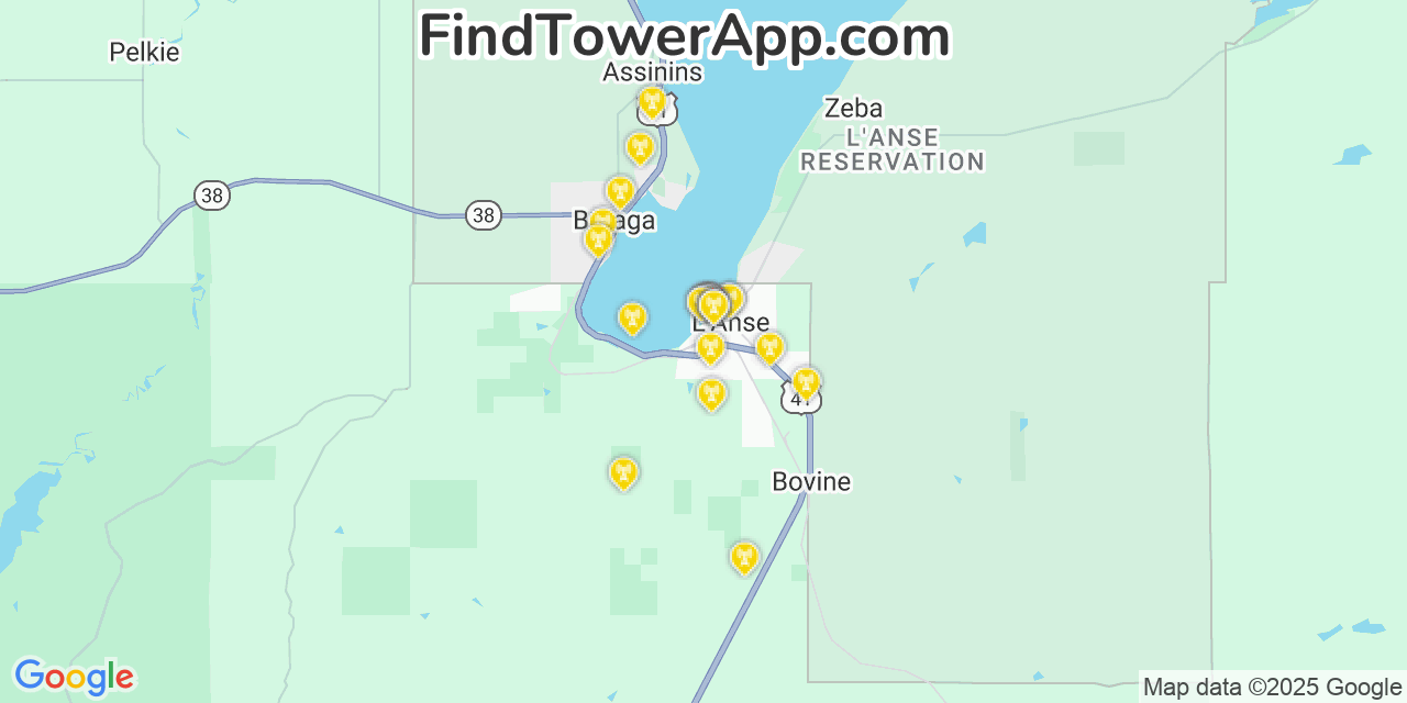Map showing the 28 primary AT&T cell tower locations detected in L Anse, Michigan with coverage radius and signal strength indicators