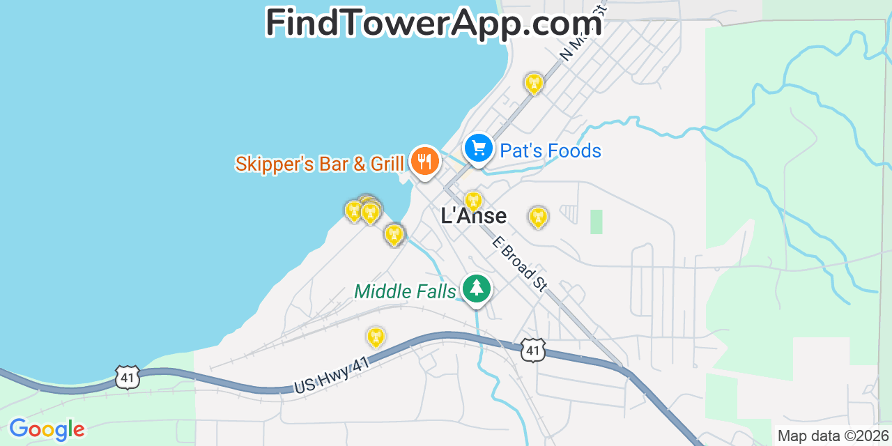 Map showing the 20 primary cell tower locations detected in L Anse, Michigan from AT&T, Verizon, and T-Mobile networks