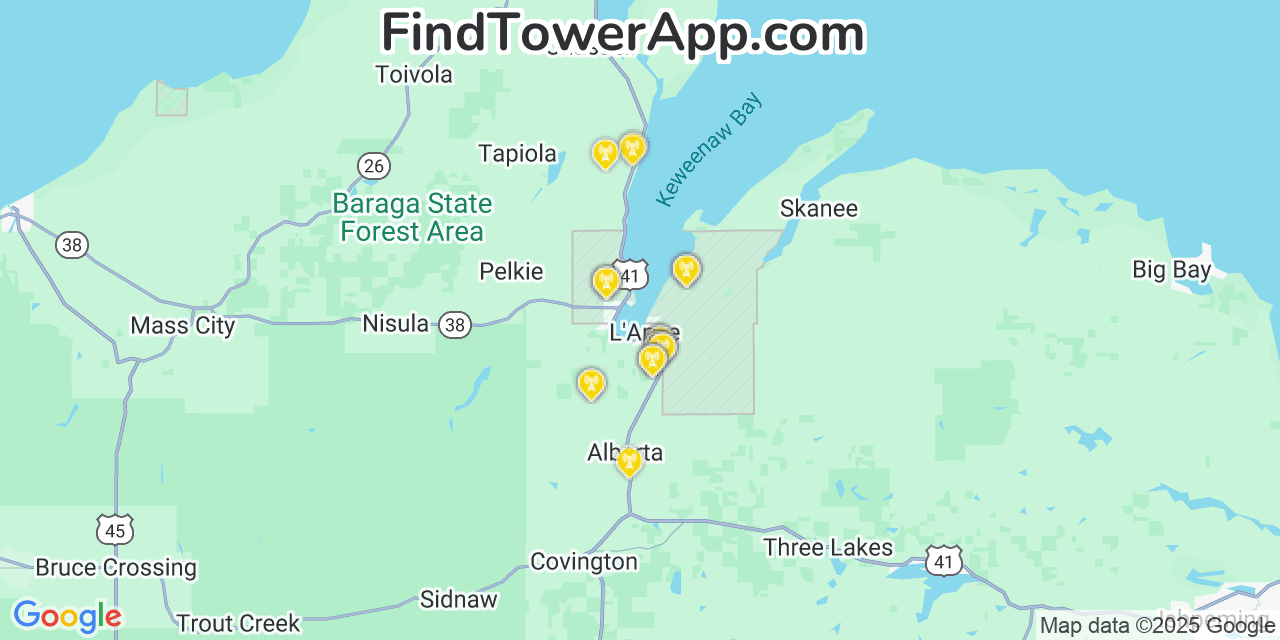 Map showing the 24 primary Verizon cell tower locations detected in L Anse, Michigan with coverage radius and signal strength indicators