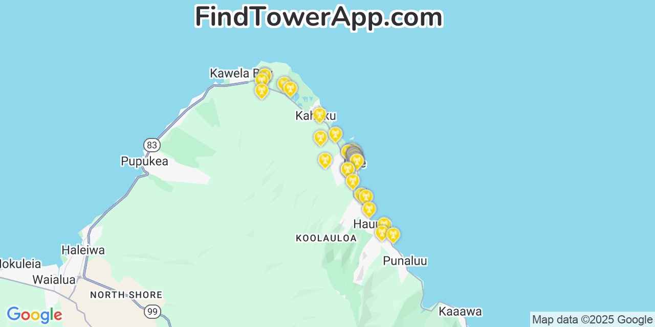 Map showing the 37 primary AT&T cell tower locations detected in L%C4%81Ie, Hawaii with coverage radius and signal strength indicators
