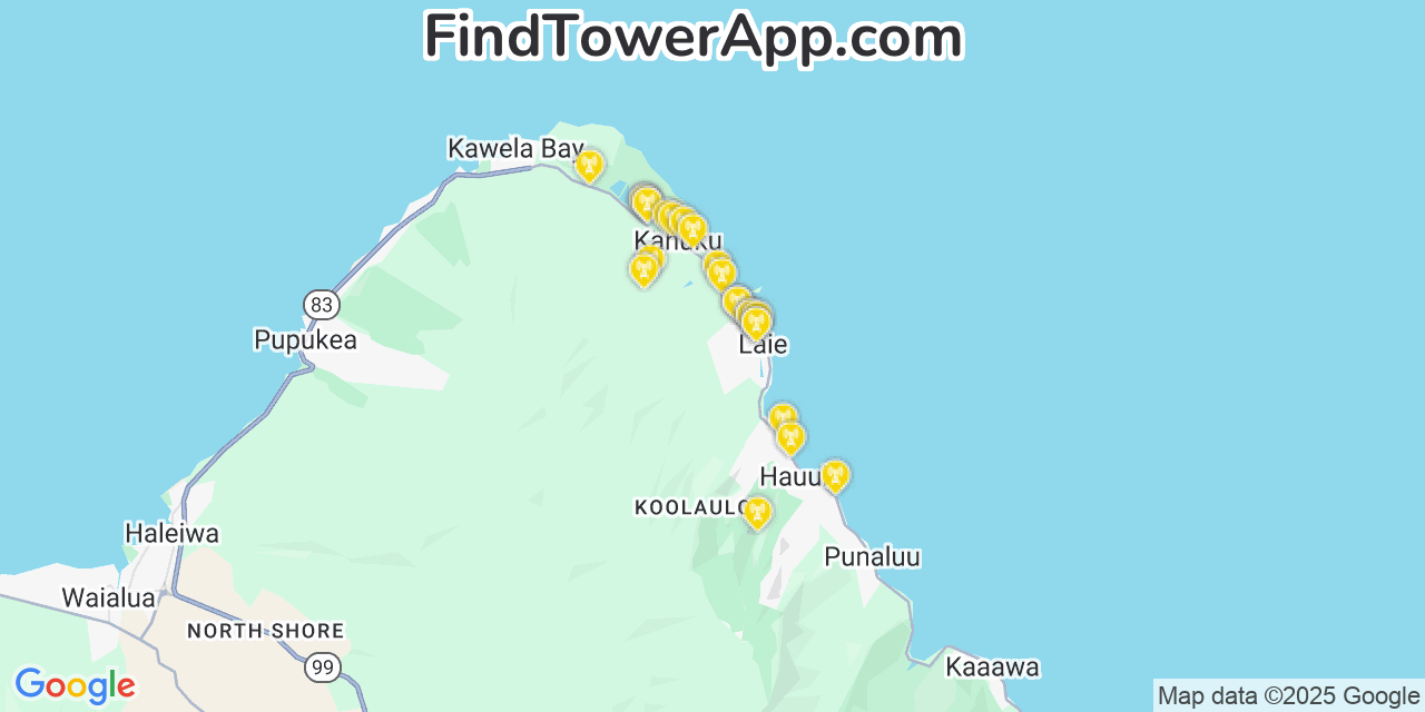 Map showing the 24 primary Verizon cell tower locations detected in L%C4%81Ie, Hawaii with coverage radius and signal strength indicators