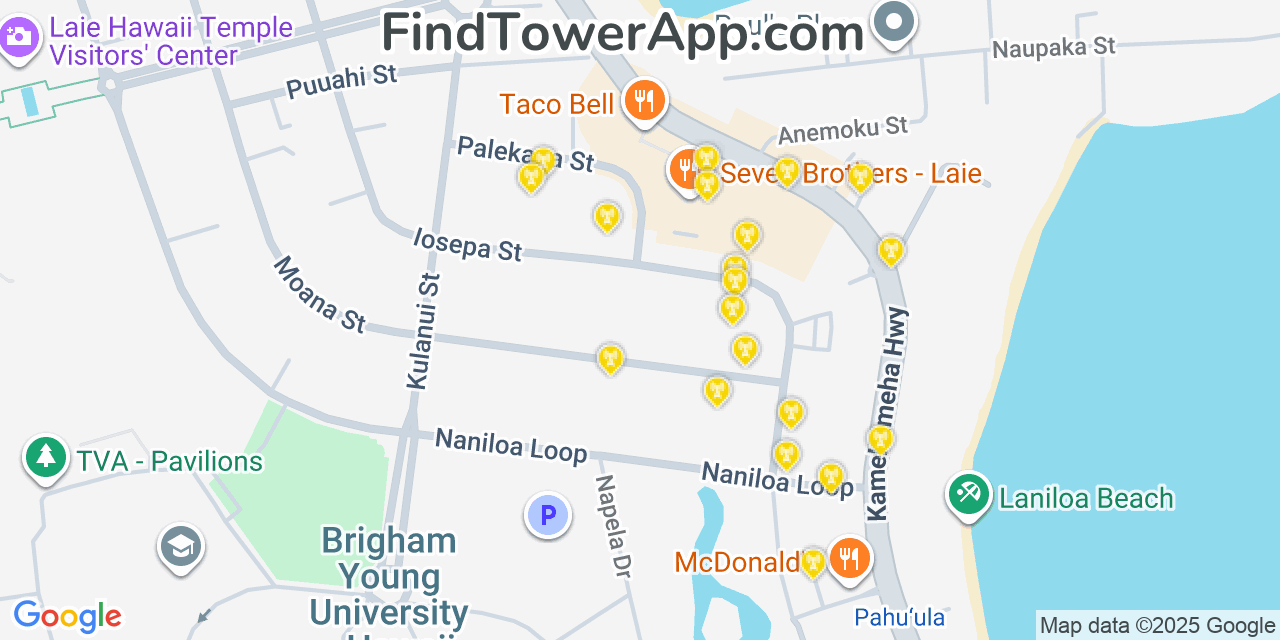 Map showing the 20 primary cell tower locations detected in Lāie, Hawaii from AT&T, Verizon, and T-Mobile networks