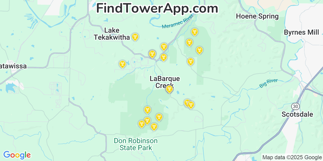 Map showing the 20 primary cell tower locations detected in LaBarque Creek, Missouri from AT&T, Verizon, and T-Mobile networks