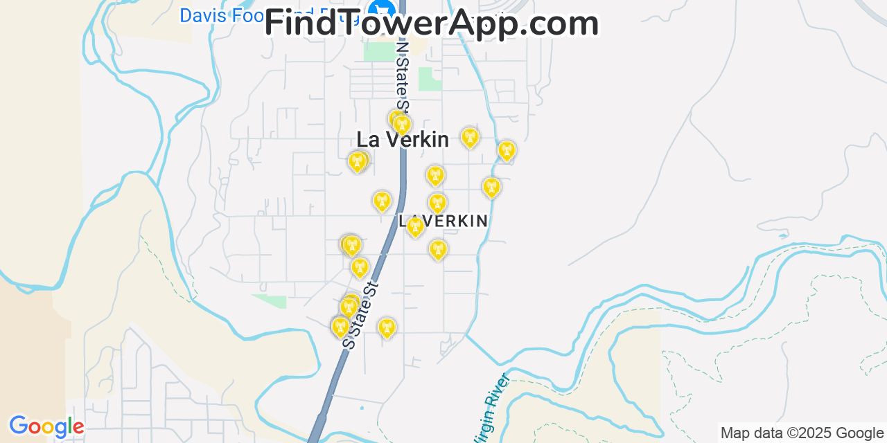 Map showing the 20 primary cell tower locations detected in LaVerkin, Utah from AT&T, Verizon, and T-Mobile networks