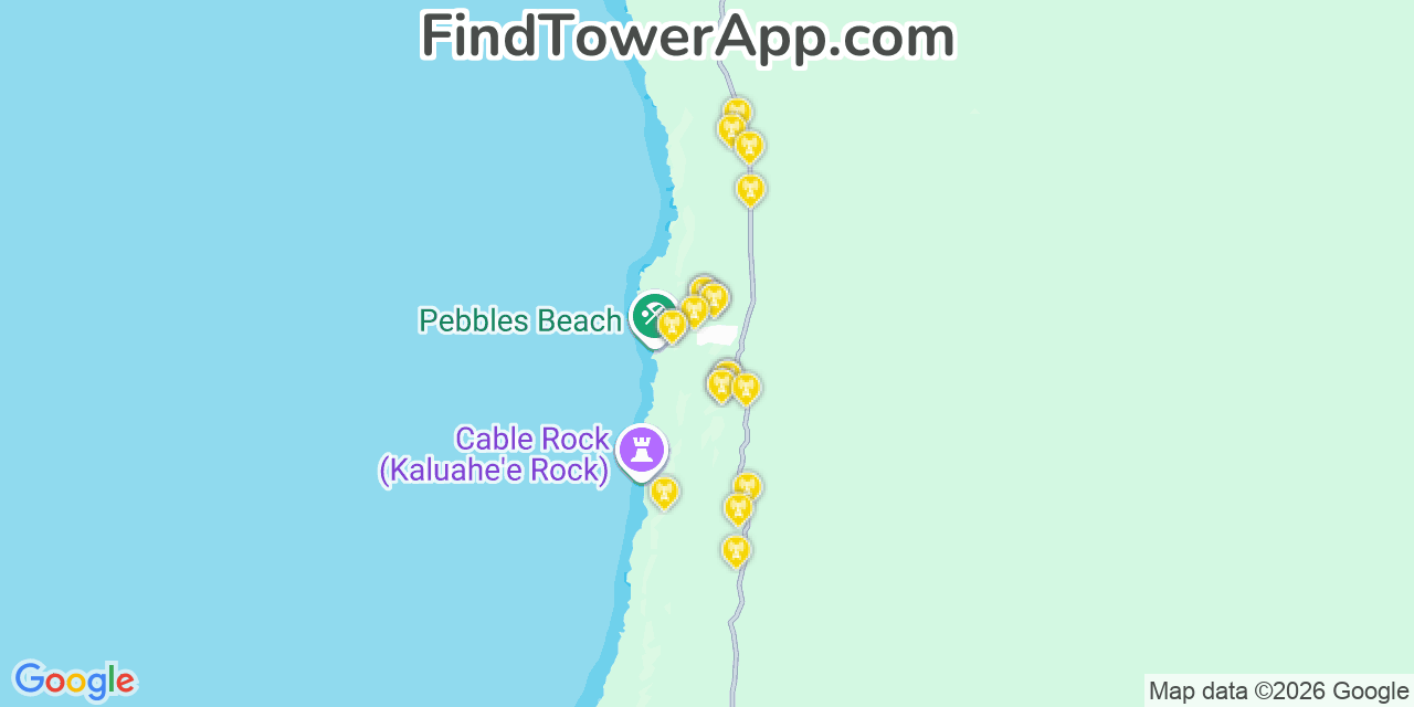Map showing the 20 primary cell tower locations detected in Lä Â€˜Ie, Hawaii from AT&T, Verizon, and T-Mobile networks