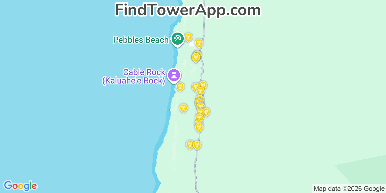 Map showing the 23 primary T-Mobile cell tower locations detected in Lä Â€˜Ie, Hawaii with coverage radius and signal strength indicators