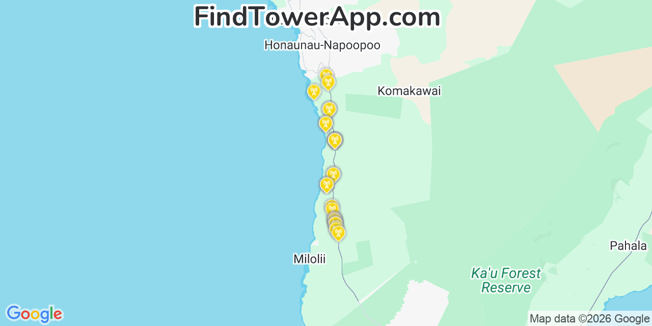 Map showing the 26 primary Verizon cell tower locations detected in Lä Â€˜Ie, Hawaii with coverage radius and signal strength indicators