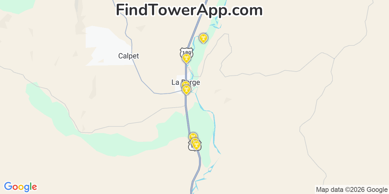 Map showing the 20 primary cell tower locations detected in La Barge, Wyoming from AT&T, Verizon, and T-Mobile networks