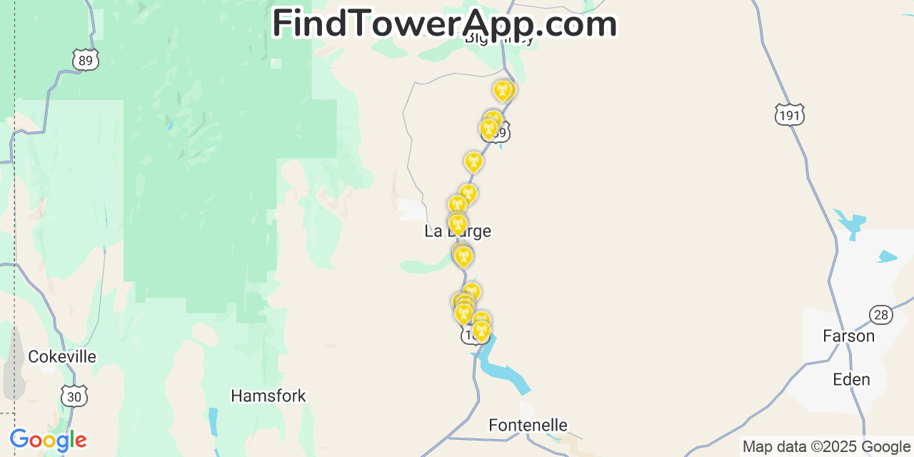 Map showing the 20 primary Verizon cell tower locations detected in La Barge, Wyoming with coverage radius and signal strength indicators